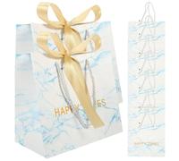 Happyyami 10pcs Blue Marbled Paper Gift Bags with Bow Knots, Sturdy Double Folding Design to Hold Small Items, Elegant Wedding Welcome Bags for Hotel Guests and Bridal Party Treats
