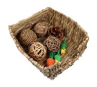 Happyyami 1set Chew Toys Natural Grass Bed Chewing Carrot Corn and Pine Teething Toys for Pets for Bunnies Guinea Pigs and Hamsters