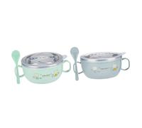 Happyyami 2 Pcs Double Insulated Stainless Steel Bowl with Handles Safe Warm Feeding Bowl for Lightweight Cartoon Design for Rice Soup Snacks Green and Blue