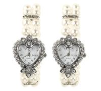 Happyyami 2Pcs Elegant Heart Shaped Quartz Watch with Crystal Pearl Bracelet Fashionable Wrist Accessories for Parties and Special Occasions