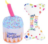 Happyyami 2pcs Kitten Plush Set with Squeaky Birthday Cake and Embroidered Bone Cat for Indoor Cats Interactive Presents for Birthday Party Supplies