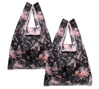 Happyyami 2pcs Portable Polyester Eco-friendly Shopping Bags with Foldable Storage Pouch, Handheld Square Tote Bags for Grocery, Travel, and Daily Use in Pink Rose Pattern