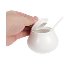 Happyyami Ceramic Sugar Jar Salt Dispenser with Spoon and Cover Lid White Porcelain Container Easy to Use for Storing Sugar Seasoning and Condiments for Dining and Home Kitchen