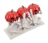Happyyami No Evil Skeleton Pumpkin Figurine Resin Sculpture Detailed Halloween Skull Statue for Indoor Outdoor Table Decor Spooky Resin Pumpkin Ornament for Party Centerpiece