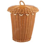 Happyyami Woven Laundry Basket with Lid, Round Brown Rattan-Style Household Storage Bin, Multipurpose Clothes Organizer Suitable for Bedroom and Bathroom Use