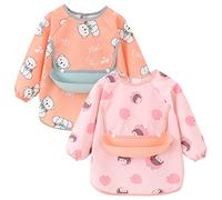 Hapy Cherry Baby Weaning Bibs Unisex Waterproof Long Sleeve Feeding Apron Girls Coverall Smock Boys Play Clothes with Detachable Silicone Art Eating Painting Craft 3-4 Years Old 2 Pieces