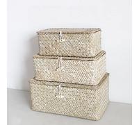 HAPYFURN Seagrass Storage Basket with Lid Rectangular Box for Toys Clothes Books Keys Natural Rattan Woven Multifunctional Makeup Organizer Set of 3 Shelf Basket (Small/Medium/Large)