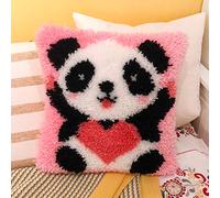 HAPYPando Latch Hook Kits for Adults/Kids Pattern Printed Latch Hook Pillow Kits Cover Everything Included Gift for Family Friends DIY Needlework Crafts for Home Sofa 17X17 Inches Panda Heart Pink