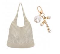 HAPZUR Women's Beach Bag, Crochet Bag, White, Set of 1 with Shell Keyring, Large Shoulder Bag for Summer, Holidays & Shopping