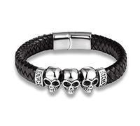 HAQUIL Black Braided Leather Triple Skull Bracelet for Men