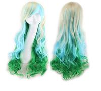Harajuku ita Blue Pink Ombre Hair Wigs For Women Cheap Anime Cosplay Long Wavy Synthetic Wig With Bangs For Costume Party OneSize blondebluegreen