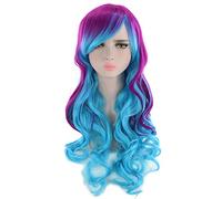 Harajuku ita Long Wavy Rainbow Wig With Bangs Synthetic Hair Cosplay Costume Party Colored Wigs For Women 65cm OneSize purpleblue