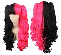 Harajuku ita Wig 65cm Wavy Long Half Black and Rose Red Cosplay Costume Wigs With Chip Removable Ponytails + Wig Cap