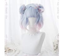 Harajuku Lolita Wig Sweet Curly Synthetic Hair Fringe Bangs Adult Girls Cosplay With Buns Heat Resistant Pink Blue Daily Wear