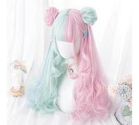 Harajuku Soft Girl Lolita Multi-colored Cosplay Long Wavy Curly Hair Wig Curls with Straight Bangs for Women (pink gr-een)