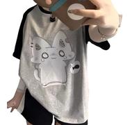 Harajuku Y2k Cutecore Kawaii Anime Graphic Tees Oversized Streetwear Shirts 2000s Fairy Grunge Pastel Goth Clothes, Sincere Cat Black Grey, M