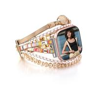 HARAVAL Leather Beaded Bracelet Compatible with Fitbit Versa 4/Versa 3 Bands/Fitbit Sense 2/Sense Bands for Women, Boho Wrap Watch Band, Beige, 13-18cm/5.12-7.2 inch