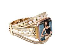HARAVAL Leather Beaded Bracelet Compatible with Fitbit Versa 4/Versa 3 Bands/Sense 2/Sense Bands for Women Men, Cute Handmade Multilayer Wrap Boho Strap for Fitbit Smartwatch, Gold