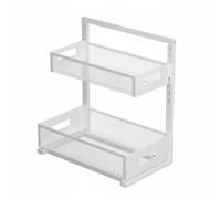 harayaa Adjustable Kitchen Shelf Sliding Basket Organizer 2 Tier Cabinet Rack With Pull Out Access And Sturdy Carbon Steel Ventilated Frame Suitable for laundry room under sink, White