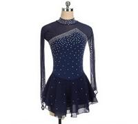 harayaa Girls Skating Dress Performance Mesh Long Sleeve Skater Outfit Polyester Spandex Shimmery Details Suitable for Ice Dance Contest Recitals, Navy Blue, XL