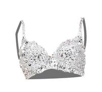 harayaa Sequin Corset Luxury Handmade Crop Bra for Club Stage Belly Dance Festival, Silver, L