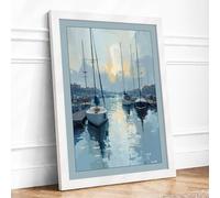 Harbor at Stillness Coastal Framed Wall Art Print A3 (42×29.7cm) White, Wall Decor for Living Room, Bedroom, Office & Home, Ready to Hang, Art Gift