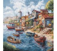 Harbor Fishing Boats 11ct Counted Cross Stitch Stamped Pre Printed Cross Stitch Embroidery Kits for Adults Starter DIY Embroidery Needlework Kit with Patterns 55×45cm(s-i111)
