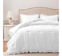 HARBOREST Lightweight Queen Comforter Set 3 Pieces, White Ruffled Queen Bedding Set, Vintage Farmhouse Soft Comforter Set with 2 Pillow Shams (Queen/Full, 88"x92", White)