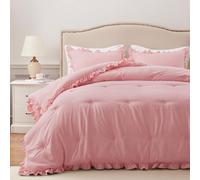 HARBOREST Queen Comforter Set - Pink Ruffle Comforter for Queen Size Bed, Fluffy Comforter Set, 3 Pieces Shabby Chic Bedding with 1 Comforter & 2 Pillow Shams