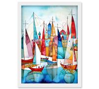 Harbour Boats Abstract Folk Art Watercolour Painting Artwork Framed Wall Art Print A4 Artery8 White One Size