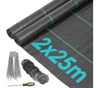 Harbour Housewares 110gsm Weed Control Membrane with Pegs & Plates - 2 Rolls of 2M by 25M each - Black Heavy Duty Weed Control Fabric Barrier Ground Cover for Garden, Patios, Flower Beds, Landscaping