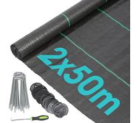 Harbour Housewares 110gsm Weed Control Membrane 2m x 50m Coverage (2 Rolls) with Pegs & Plates - Heavy Duty Weed Control Fabric Barrier Ground Cover for Garden, Patios, Flower Beds, Landscaping