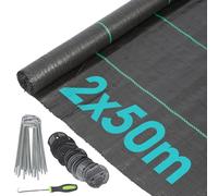 Harbour Housewares 110gsm Weed Control Membrane 2m x 50m Coverage (5 Rolls) with Pegs & Plates - Heavy Duty Weed Control Fabric Barrier Ground Cover for Garden, Patios, Flower Beds, Landscaping