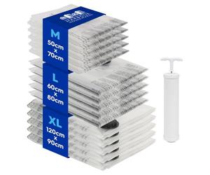 Harbour Housewares 15X Vacuum Storage Bags & Pump Set - 3 Sizes - Reusable Clothes Suction Space Saver Organiser Zip Lock Bag