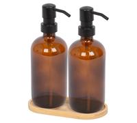 Harbour Housewares 2 Piece Amber Glass Soap Dispenser Set with Bamboo Tray - 500ml Refillable Bottles with Black Pumps - Bathroom and Kitchen Accessories for Hand Wash, Lotion or Moisturiser