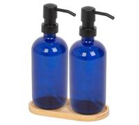 Harbour Housewares 2 Piece Blue Glass Soap Dispenser Set with Bamboo Tray - 500ml Refillable Bottles with Black Pumps - Bathroom and Kitchen Accessories for Hand Wash, Lotion or Moisturiser