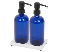 Harbour Housewares 2 Piece Blue Glass Soap Dispenser Set with Ceramic Tray - 500ml Refillable Bottles with Black Pumps - Bathroom and Kitchen Accessories for Hand Wash, Lotion or Moisturiser