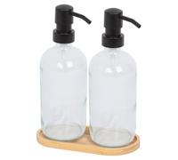 Harbour Housewares 2 Piece Clear Glass Soap Dispenser Set with Bamboo Tray - 500ml Refillable Bottles with Black Pumps - Bathroom and Kitchen Accessories for Hand Wash, Lotion or Moisturiser