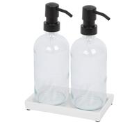Harbour Housewares 2 Piece Clear Glass Soap Dispenser Set with Ceramic Tray - 500ml Refillable Bottles with Black Pumps - Bathroom and Kitchen Accessories for Hand Wash, Lotion or Moisturiser