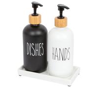 Harbour Housewares 2 Piece Glass Hand and Dish Soap Dispenser Set with Ceramic Tray - 500ml White and Black Refillable Bottles with Pumps - Kitchen and Bathroom Accessories for Sink Organisation