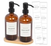 Harbour Housewares 2 Piece Glass Soap Dispenser Set with Bamboo Tray and Labels - 500ml Amber Refillable Bottles with Black Pumps and White Labels - Bathroom Accessories for Hand Wash or Lotion
