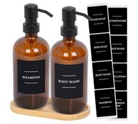Harbour Housewares 2 Piece Glass Soap Dispenser Set with Bamboo Tray and Labels - 500ml Amber Refillable Bottles with Pumps and Black Labels - Bathroom Accessories for Hand Wash or Lotion