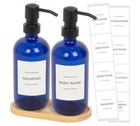 Harbour Housewares 2 Piece Glass Soap Dispenser Set with Bamboo Tray and Labels - 500ml Blue Refillable Bottles with Black Pumps and White Labels - Bathroom Accessories for Hand Wash or Lotion
