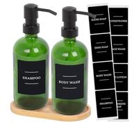 Harbour Housewares 2 Piece Glass Soap Dispenser Set with Bamboo Tray and Labels - 500ml Green Refillable Bottles with Pumps and Black Labels - Bathroom Accessories for Hand Wash or Lotion