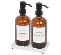 Harbour Housewares 2 Piece Glass Soap Dispenser Set with Ceramic Tray and Labels - 500ml Amber Refillable Bottles with Black Pumps and White Labels - Bathroom Accessories for Hand Wash or Lotion