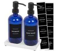 Harbour Housewares 2 Piece Glass Soap Dispenser Set with Ceramic Tray and Labels - 500ml Blue Refillable Bottles with Pumps and Black Labels - Bathroom Accessories for Hand Wash or Lotion