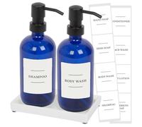 Harbour Housewares 2Pc Glass Soap Dispenser Set With Ceramic Tray & Labels - 500Ml - Blue/white