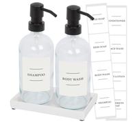 Harbour Housewares 2 Piece Glass Soap Dispenser Set with Ceramic Tray and Labels - 500ml Clear Refillable Bottles with Black Pumps and White Labels - Bathroom Accessories for Hand Wash or Lotion