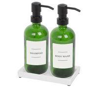 Harbour Housewares 2 Piece Glass Soap Dispenser Set with Ceramic Tray and Labels - 500ml Green Refillable Bottles with Black Pumps and White Labels - Bathroom Accessories for Hand Wash or Lotion