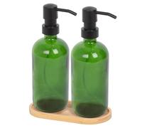 Harbour Housewares 2 Piece Green Glass Soap Dispenser Set with Bamboo Tray - 500ml Refillable Bottles with Black Pumps - Bathroom and Kitchen Accessories for Hand Wash, Lotion or Moisturiser